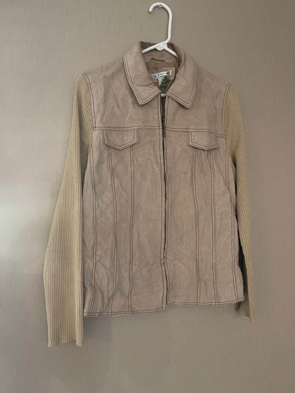 Cold water creek 14 large xl ribbed leather jacket tan cream zip up READ